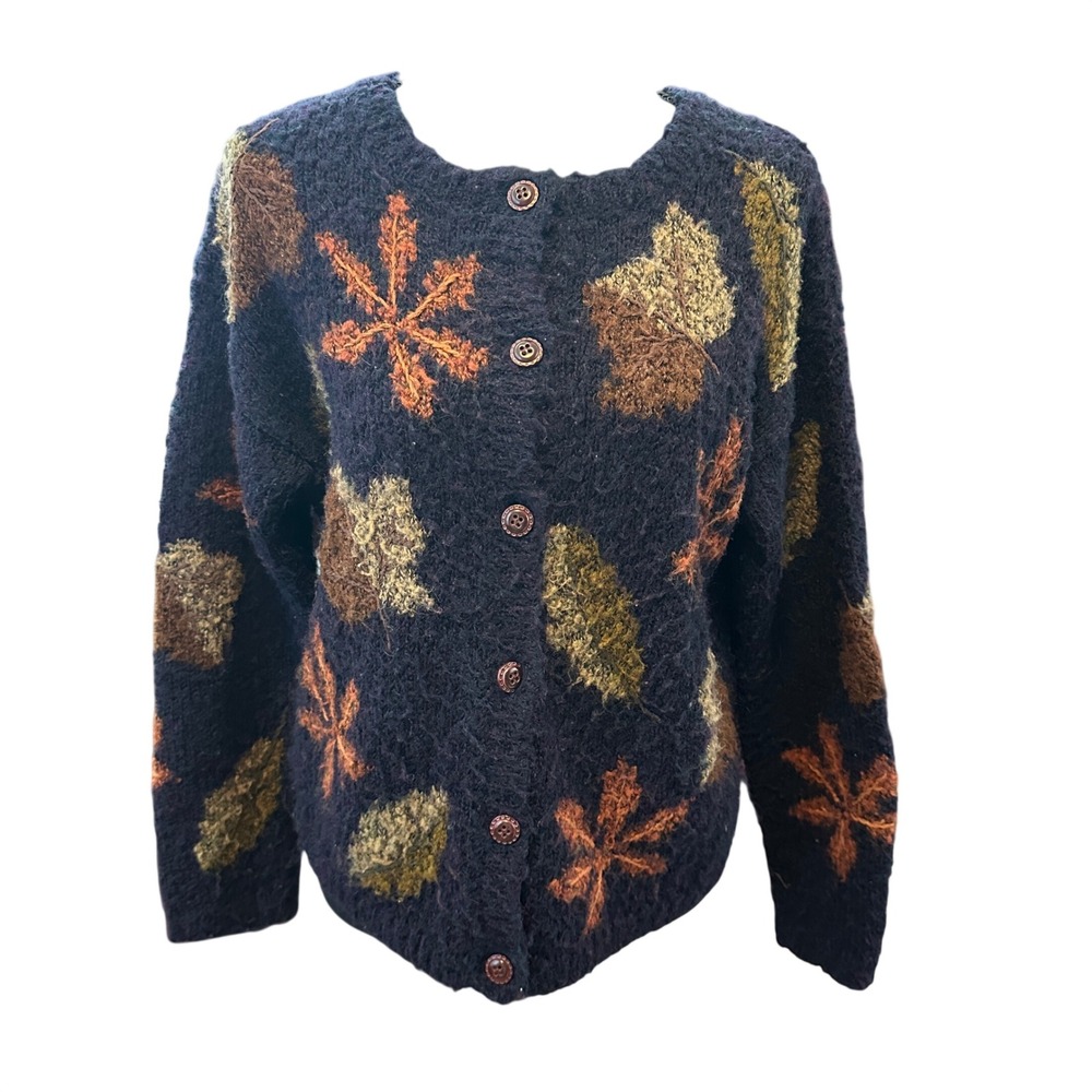 Mandal Bay Vintage Mohair Blend Leaf Cardigan Sweater Small Navy Blue Cabincore
